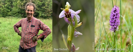 John next to two photographs of a Bee orchid and a Southern Marsh orchid