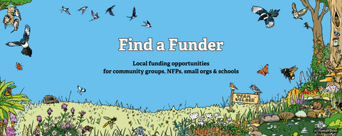 Words 'find a funder' on blue background with nature illustrations of birds and trees