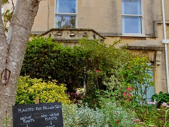 Green front garden with blackboard sign about wildlife gardening, house is yellow/orange