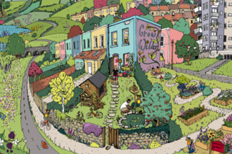 An illustration of a community where people and nature are flourishing