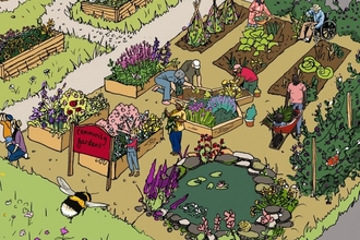 An illustration of a community garden