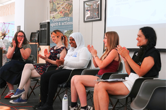 Panelists in conversation and the Community Gathering event