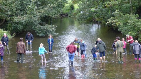 children and adults river dipping 