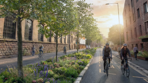 Image of sustainable urban environment with cyclists and wildflowers