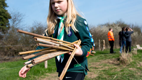 A girl scout in uniform and lots of badges down her arm is carrying sticks outdoors in a field with trees and blue sky in teh background. She is frowning and has blond hair, 3 more people are blurred in the background
