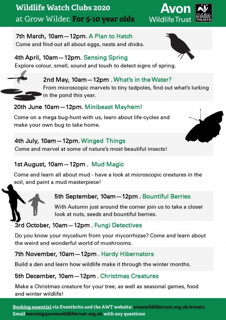 Wildlife Watch CLub schedule for 2020 at Grow Wilder