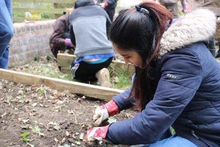 Tara, a young volunteer, working in the garden at Great George Street