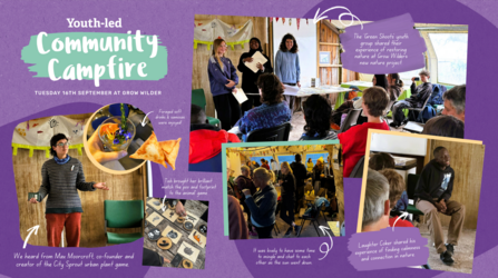 Purple background with the title 'youth led community campfire' with pictures of an event with young people speaking to a crowd