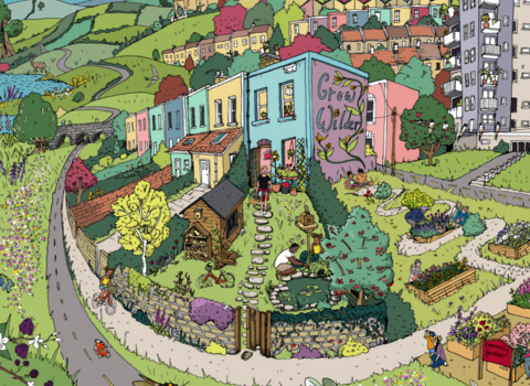 An illustration of a community where people and nature are flourishing