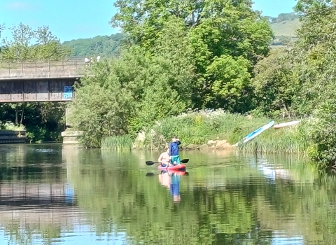 River kayak paddling with trees and sunshine