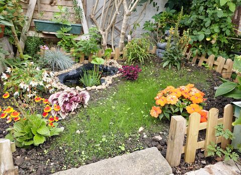 A colourful garden with a variety of plants, small grass area and small fence