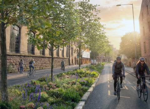 Image of sustainable urban environment with cyclists and wildflowers