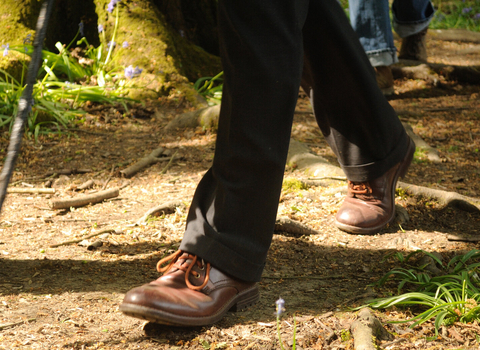 A pair of feet walking on a woodland path